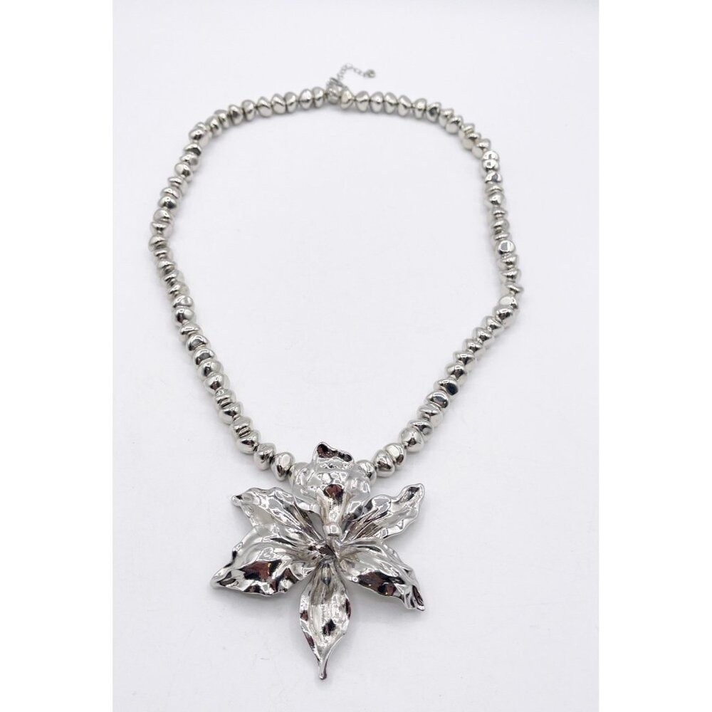 Silver Tone Large Sculptural Flower Pendant Statement Necklace Chunky Beads